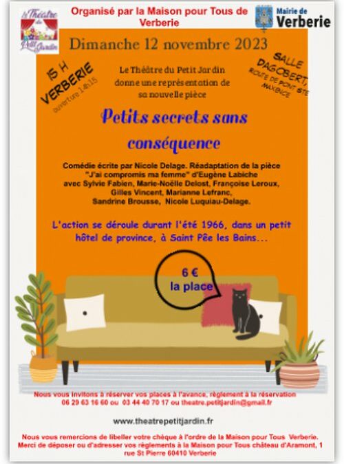 12 NOVEMBRE 2023 VERBERIE – PETITS SECRETS SANS CONSEQUENCE… 15h  à la Salle Dagobert